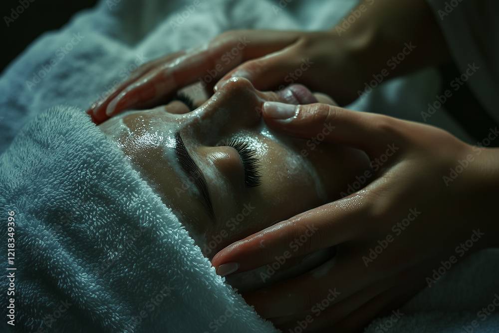 Fototapeta premium woman is receiving facial massage with gold mask on her face beauty concept.