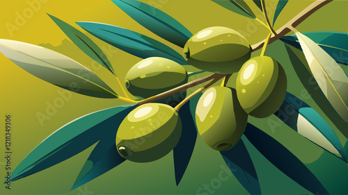 Stylized Cartoon Illustration of Green Olives on a Branch The image is a stylized, cartoon-like illustration of a branch of an olive tree. Several green olives are clustered along a light brown bran