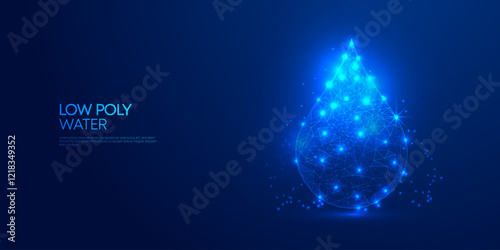 Low Poly Glowing Water Drop blue background