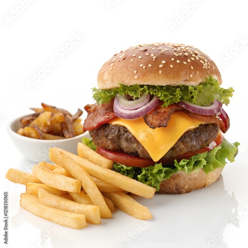 Gourmet Burger with Fries png isolated on white background