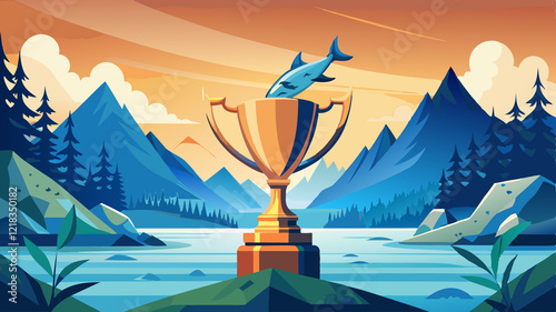 Stylized Illustration of a Golden Trophy with Jumping Fish in a Mountain Lake The image is a stylized, cartoonish illustration of a golden trophy cup placed on a green, rocky outcrop in the middle of 