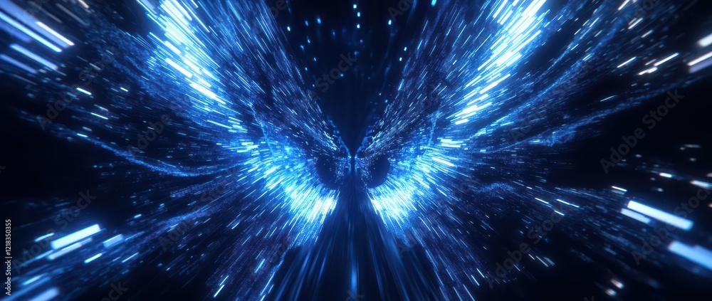 Fototapeta premium Abstract Blue Butterfly Wings Formed by Data Streams and Particles Evokes Speed and Technology