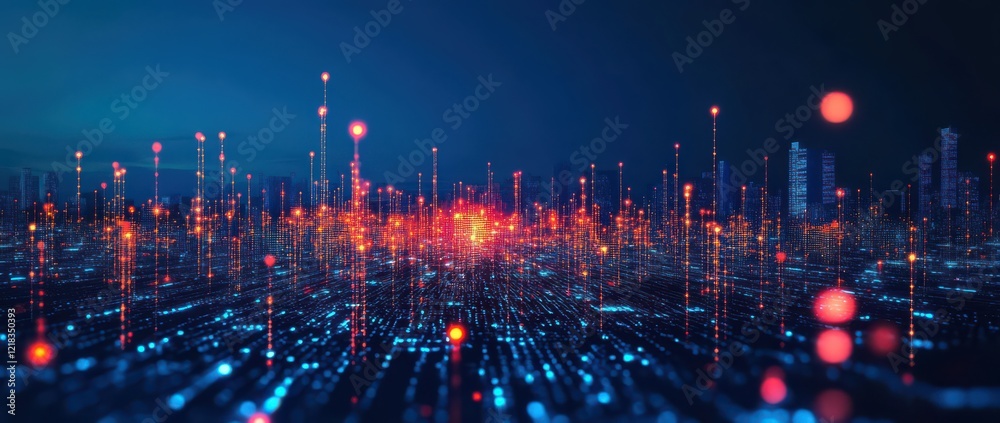 Obraz premium Futuristic Smart City Network Data Visualization Connects Urban Innovation and Technology.