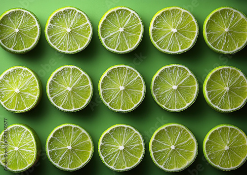 Fresh lime slices arranged in symmetrical pattern on vibrant green background, showcasing their juicy texture and bright color, perfect for culinary or design inspiration