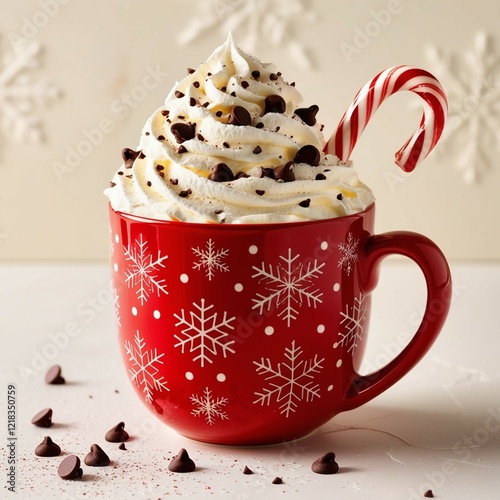 Festive red mug with white snowflake patterns, filled with whipped cream, chocolate sprinkles, and a candy cane stick, perfect for Christmas or holiday-themed designs.