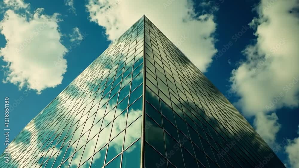Sky Reflections on Glass Building Facade, Bottom-Up Wide Angle View of Office Sky Reflections on Glass Building Facade, Bottom-Up Wide Angle View of Office