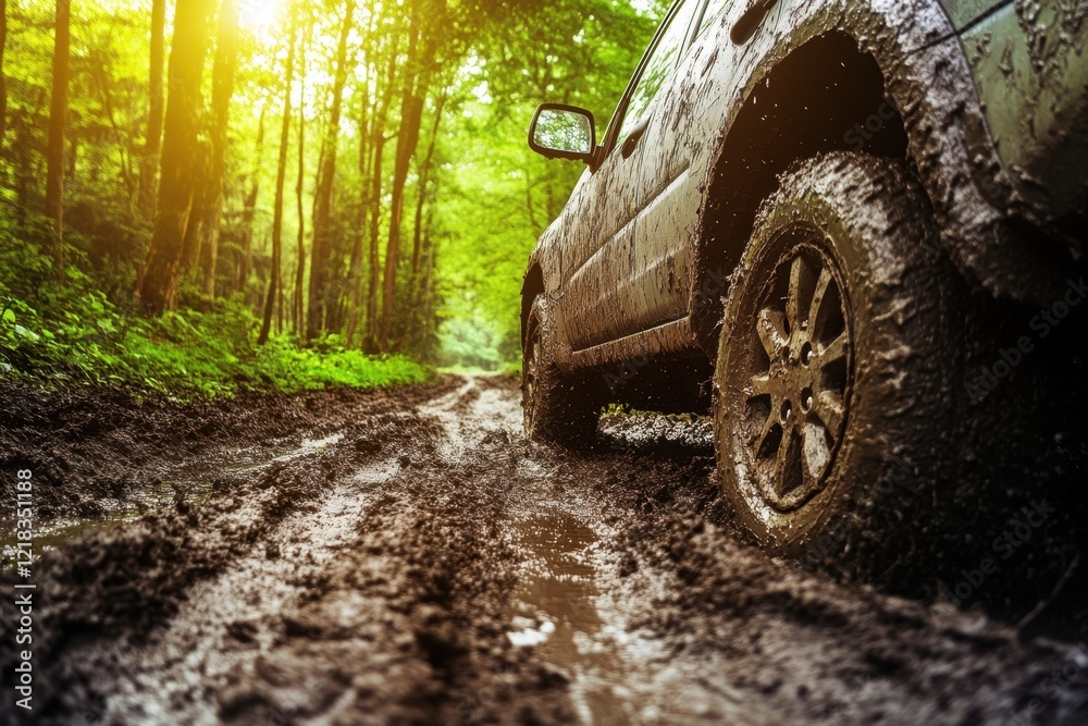 Off-road vehicle navigating a muddy track through a lush green forest on a bright day, showcasing adventure, travel, and the resilience of a four-wheel-drive in challenging natural terrain. Off-road vehicle navigating a muddy track through a lush green forest on a bright day, showcasing adventure, travel, and the resilience of a four-wheel-drive in challenging natural terrain.