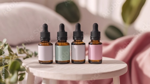 A row of four amber glass bottles with dropper tops and blank labels, set on a small wooden stool with a soft, blurred background. Perfect for beauty, wellness, or aromatherapy content.