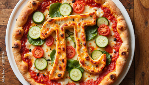 Pizza with Pi symbol decorated with fresh vegetables