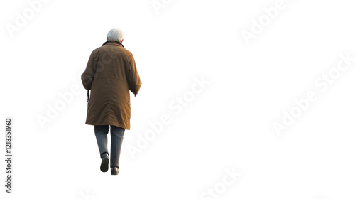 An elderly person walking away, wearing a long coat and hat, showcasing solitude and reflection against a white isolated background.