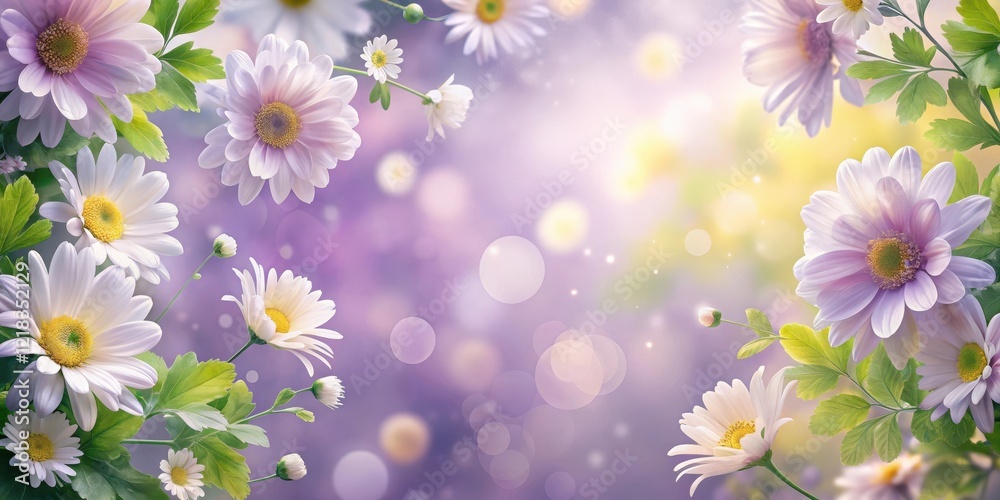 Soft pastel violet floral background with delicate white and yellow petals, surrounded by greenery Soft pastel violet floral background with delicate white and yellow petals, surrounded by greenery