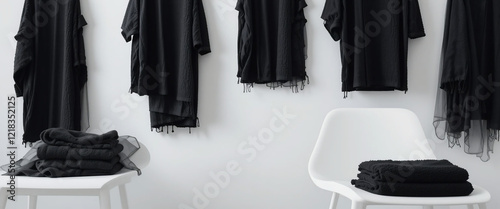 Minimalist wardrobe, black garments hanging, white wall backdrop, monochromatic palette, clean lines, contemporary interior design, clothing rack, fashion display, simple aesthetic, high contrast, bla photo