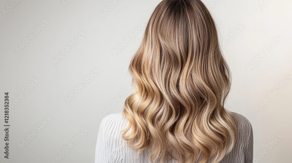 Fototapeta premium woman with balayage hair showcases beautiful waves from back, highlighting blend of colors and texture. soft, natural look evokes sense of elegance and style