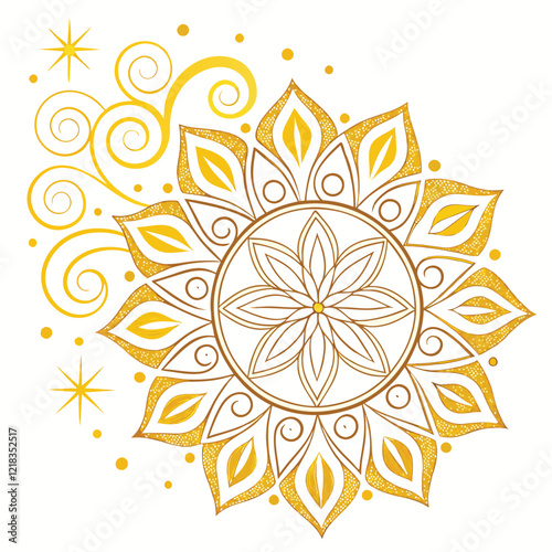 Indian flower mandala art with luxury golden circle frame transparent vintage gold circular patten