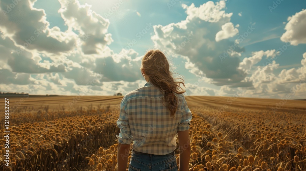 Fototapeta premium Portrait of Woman standing looking at agricultural field, AI generated image