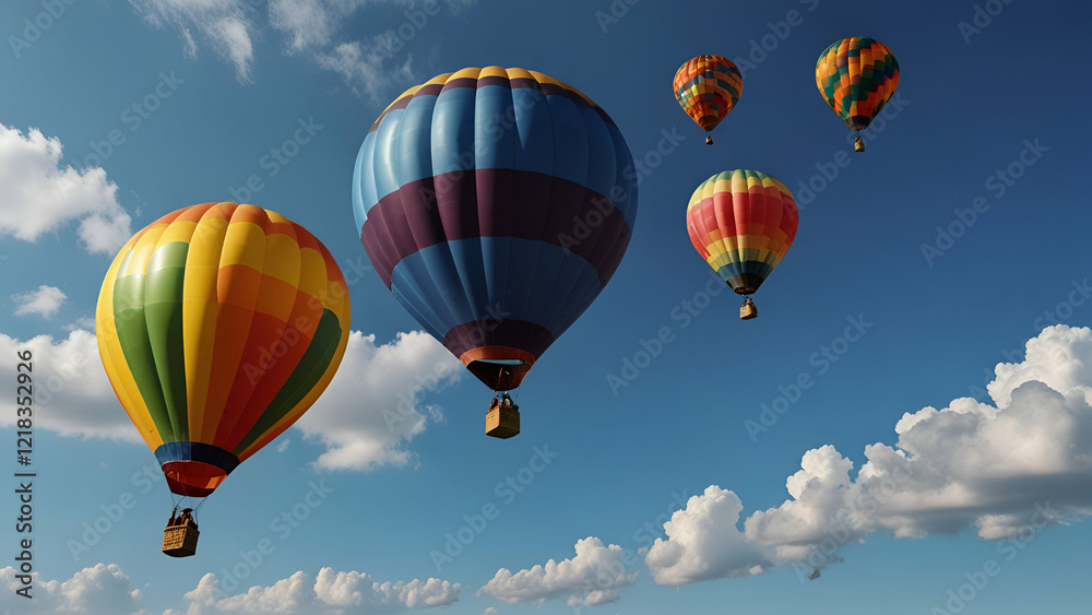 Fototapeta premium Colorful Air Balloons Floating in Blue Sky , Dreamy Aerial Adventure