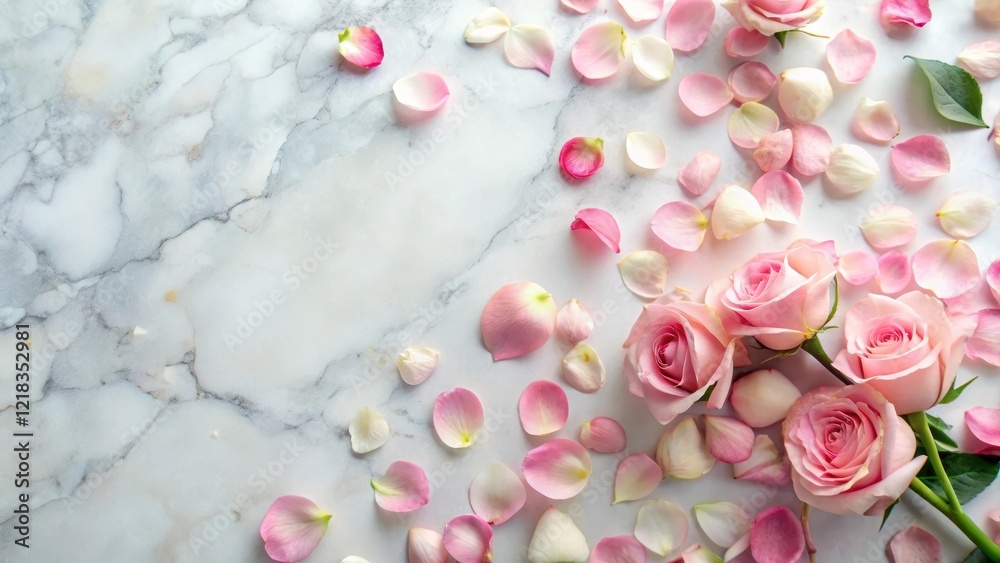Soft pink rose petals scattered on a white marble floor , floral arrangement, delicate, floral arrangement Soft pink rose petals scattered on a white marble floor , floral arrangement, delicate, floral arrangement