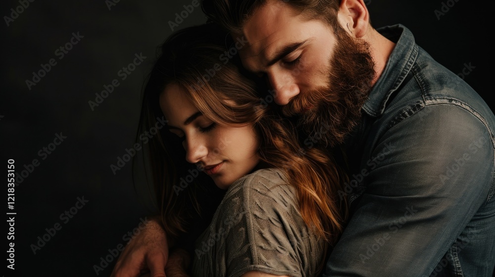 Portrait of romantic couple hugging on black, AI generated image Portrait of romantic couple hugging on black, AI generated image