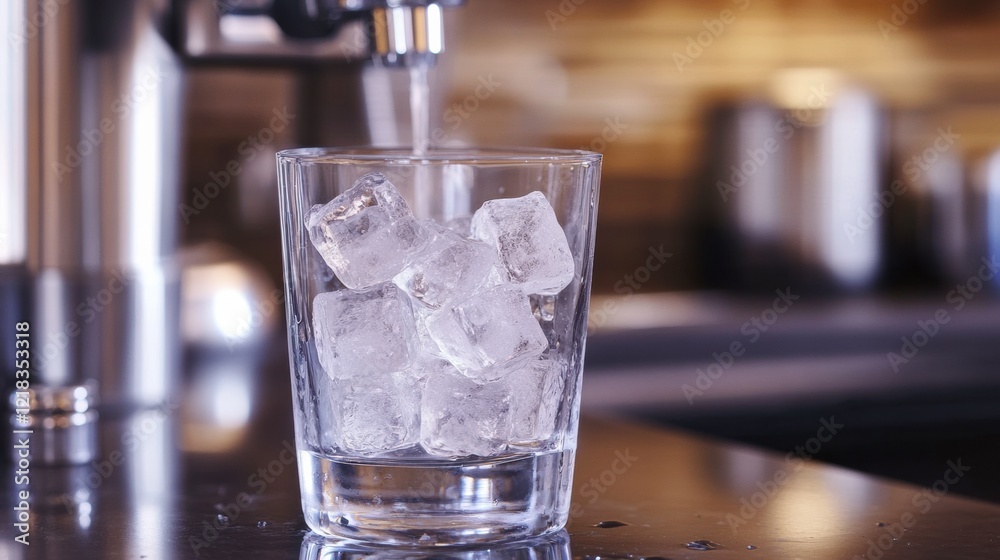 A countertop ice maker dispensing fresh ice cubes into a glass A countertop ice maker dispensing fresh ice cubes into a glass