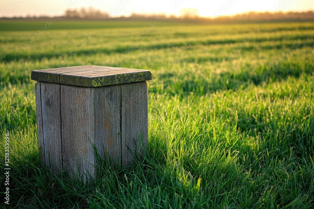 Rustic wooden box sits in vibrant green field, bathed in morning sunlight. Perfect for concepts of nature, serenity, or rural life. Rustic wooden box sits in vibrant green field, bathed in morning sunlight. Perfect for concepts of nature, serenity, or rural life.