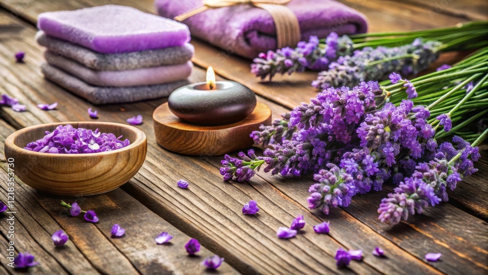 Relaxing spa treatment on a wooden table with vibrant lavender flowers surrounding polished spa stones Relaxing spa treatment on a wooden table with vibrant lavender flowers surrounding polished spa stones