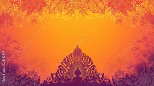 Chaitra Navratri banner gradient copy space, gradient background from bright red to warm orange, at the bottom there is a silhouette of Durga with many hands holding weapons, Ai generated images