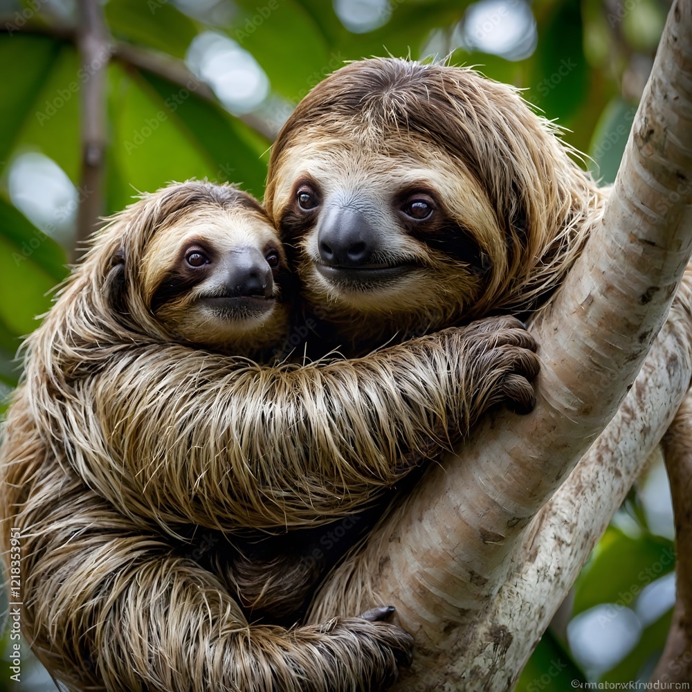 Fototapeta premium A Tender Moment: Sloth Mother Gently Holding Her Baby in the Trees