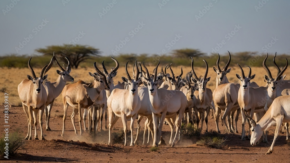 Fototapeta premium Addax Coexisting with Desert Wildlife, Showcasing Nature’s Balance