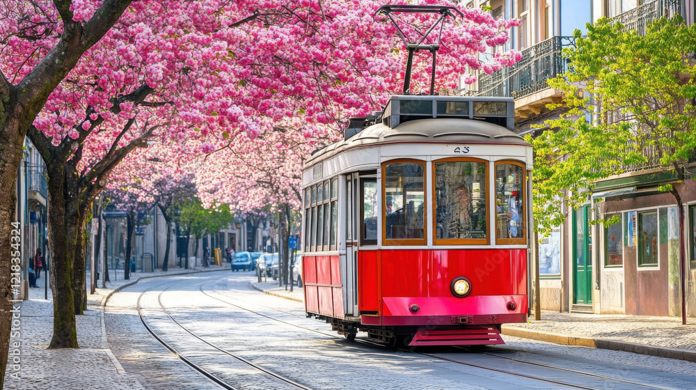 Fototapeta premium Spring Encounter in Lisbon: Blossoming Trees, Tram Ride, Afternoon Sunshine, Realistic Scenery