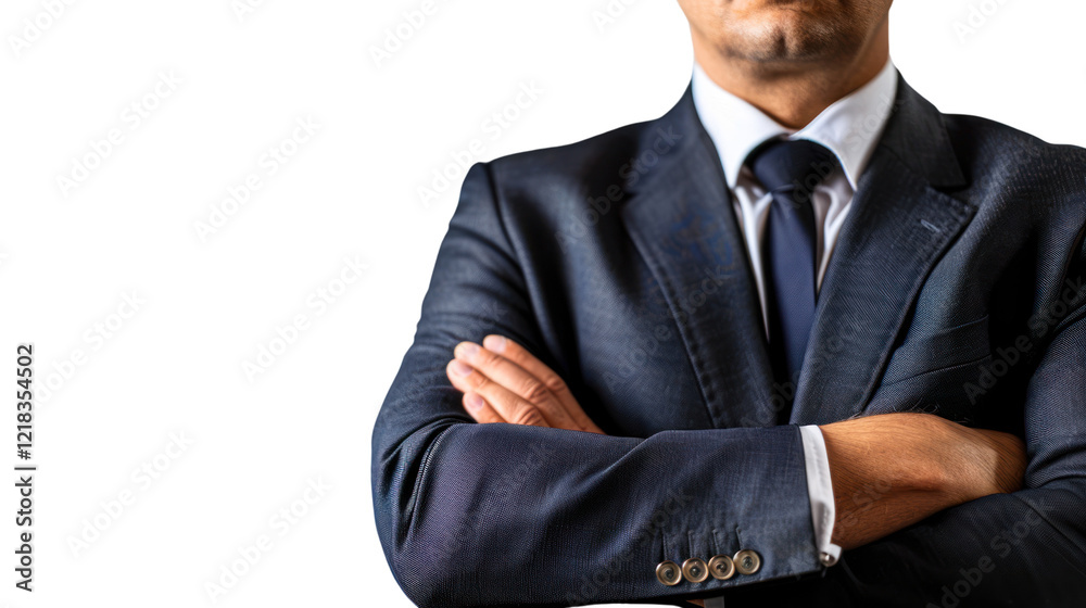 Confident businessman in a formal suit, arms crossed, isolated on white background, exuding professionalism and authority. Confident businessman in a formal suit, arms crossed, isolated on white background, exuding professionalism and authority.