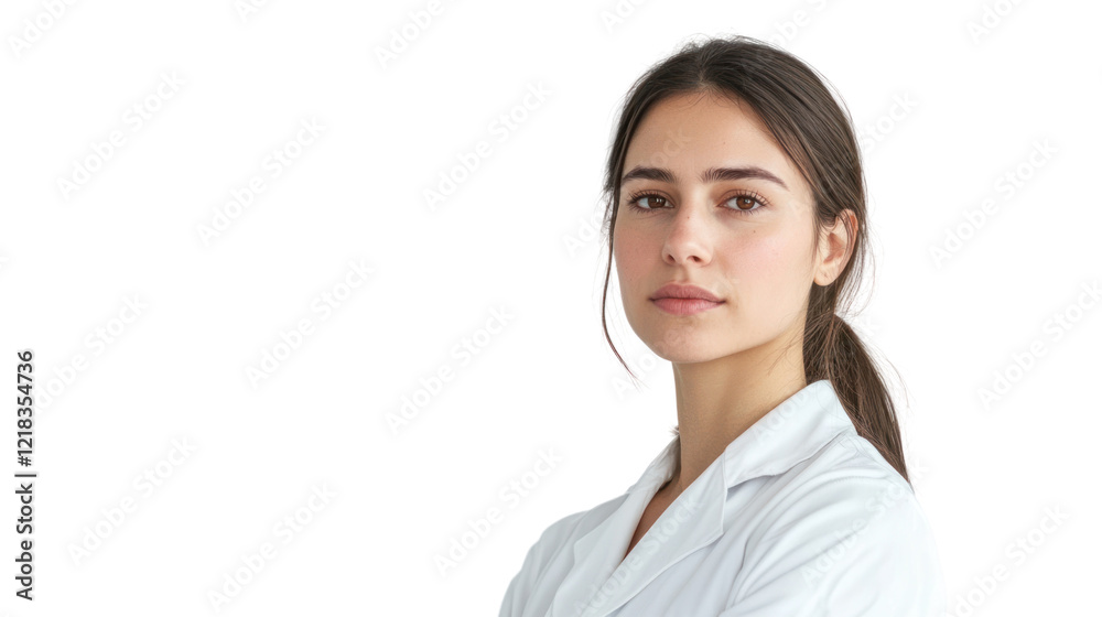 Confident young female professional in a white coat, showcasing expertise and dedication in her field. Perfect for health and wellness themes. Confident young female professional in a white coat, showcasing expertise and dedication in her field. Perfect for health and wellness themes.