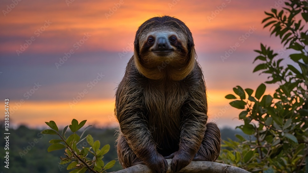 A Sloth Settling in for the Evening as the Sun Sets in the Canopy A Sloth Settling in for the Evening as the Sun Sets in the Canopy