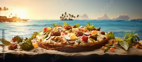 Vibrant pizza featuring tropical toppings, positioned on sand with ocean backdrop at sunset, greens and fruits accentuating the dish photo