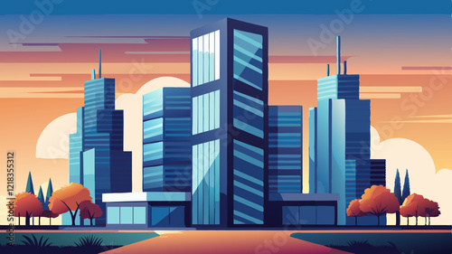 Modern Skyscraper Cityscape Vector Illustration The image is a stylized, vector illustration of a modern cityscape. It features several tall skyscrapers with sleek, geometric designs and reflective gl