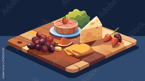 Cartoon Illustration of a Charcuterie Board with Cheese and Fruit The image is a colorful, cartoon-style illustration of a charcuterie board or a platter with various food items. The board is wooden