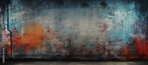 Grunge wall texture featuring a colorful blend of blue, orange, and black tones with ample negative space for graffiti or animations. photo