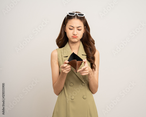 Asian business woman looking at empty wallet. Flip it over but don't have money inside wallet. Standing on isolated white background. Poor attractive female on money