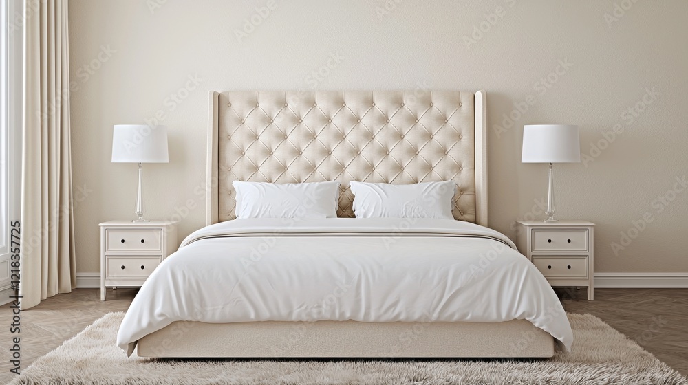 Fototapeta premium A serene, modern bedroom featuring a tufted headboard, white bedding, and elegant lamps, creating a calming atmosphere.