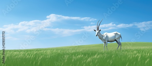 Scenic green field with a majestic scimitar horned oryx standing in vibrant grass under a bright blue sky creating ample copy space