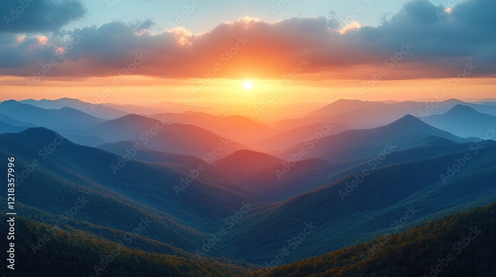 Obraz premium Vibrant sunset over a vast mountain range, showcasing layers of blue and orange hues.