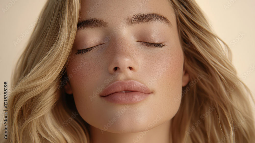 Beautiful woman with long, smooth hair and closed eyes, showcasing natural beauty and serene expression. Her flawless skin and soft features create calming atmosphere Beautiful woman with long, smooth hair and closed eyes, showcasing natural beauty and serene expression. Her flawless skin and soft features create calming atmosphere
