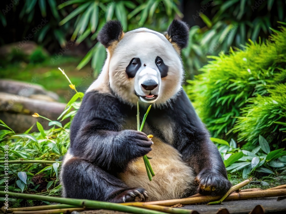 Obraz premium Black and white drone photo: adorable giant panda, relaxed, enjoying a bamboo feast.