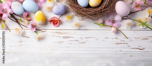 Easter themed greeting card layout featuring pastel colored eggs in a bird nest with spring flowers and bright blossoms on a white wooden surface photo