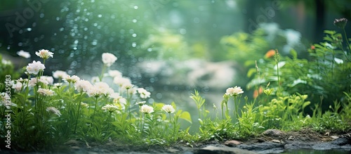 Fototapeta Naklejka Na Ścianę i Meble -  Lush garden scenery featuring vibrant green plants and soft white flowers in the foreground with a dreamy blurred background of greenery and soft light