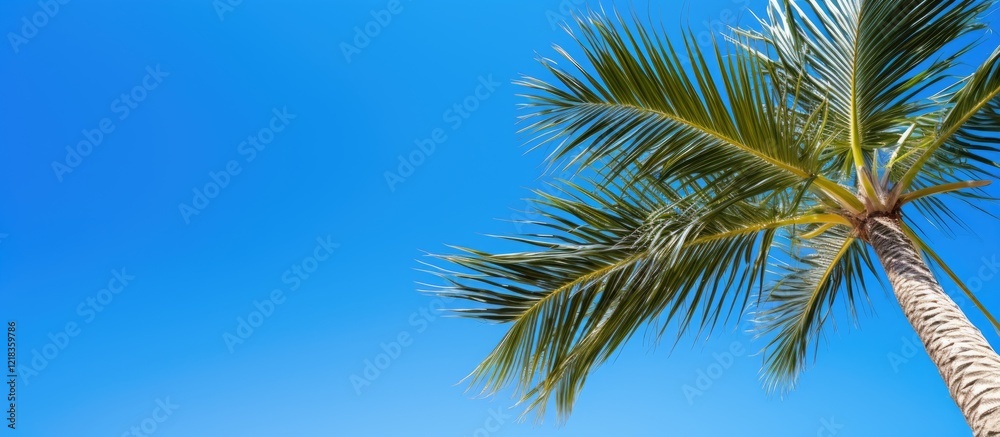 Vibrant blue sky serves as a backdrop for a tall palm tree with lush green fronds positioned in the bottom left corner creating ample negative space Vibrant blue sky serves as a backdrop for a tall palm tree with lush green fronds positioned in the bottom left corner creating ample negative space