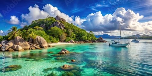 Capture the idyllic beauty of Curieuse Island, Seychelles, with stunning sailing boat photography.