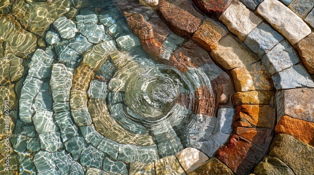 a circular pool with a stone wall and water a circular pool with a stone wall and water