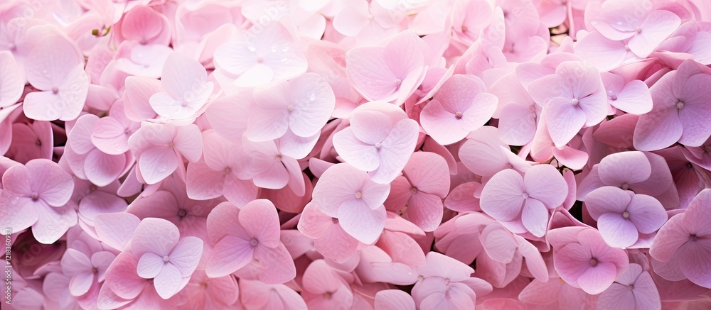 Fototapeta premium Soft light pink backdrop featuring dense clusters of Endless Summer Hydrangea flowers creating ample copy space for text elements.