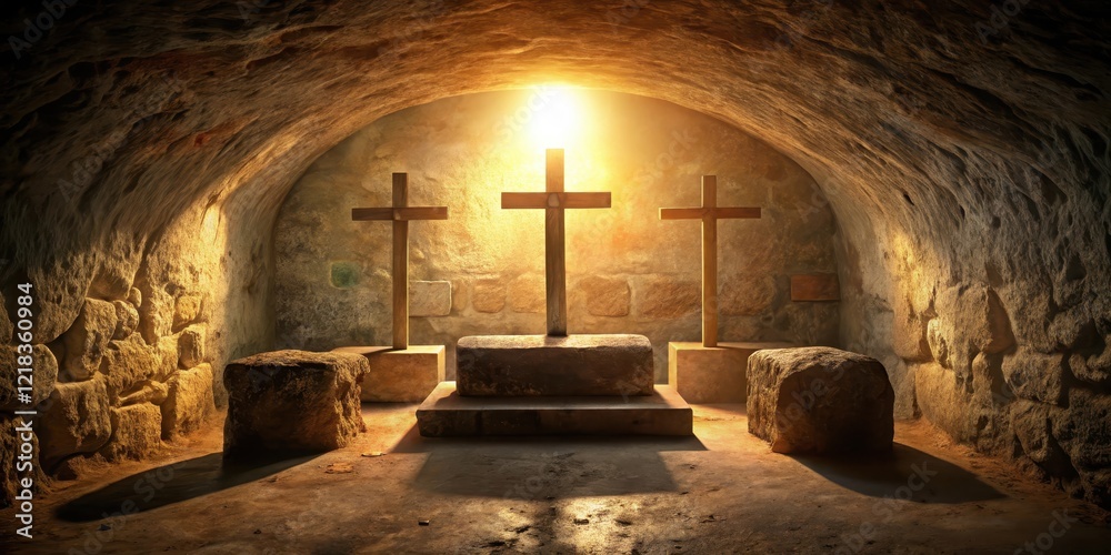 Naklejka premium An empty tomb with three crosses in a dimly lit room, surrounded by old stone walls and dusty relics, evoking a sense of stillness and reverence, silence, sacred space