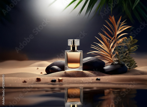 A perfume bottle sits on sand near water,  illuminated, with tropical plants nearby.  A serene scene, evocative of a luxurious escape; perfect for a 2025 Chinese New Year Fair.